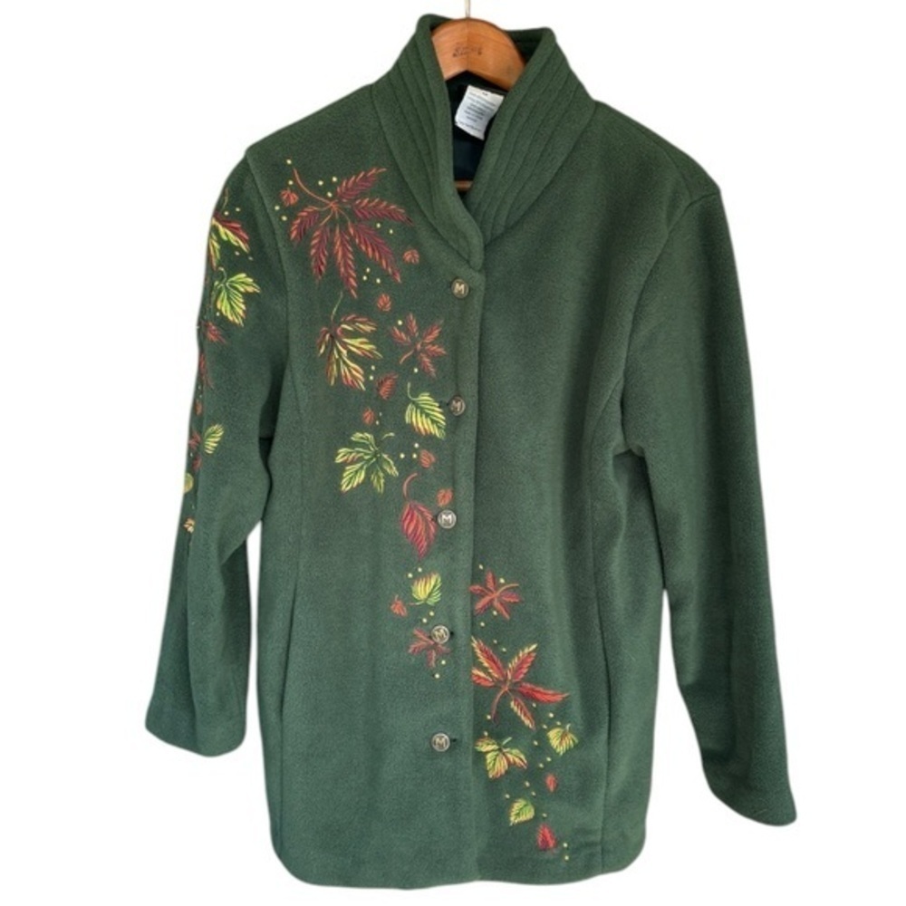 Bob Mackie Wearable Art Dark Green Fleece Jacket Size Medium Leaf Appliqué